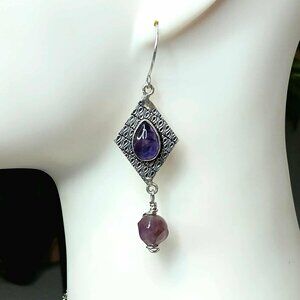 Amethyst Gemstone Dangle Earrings, Artisan Boho Chic Statement 3"